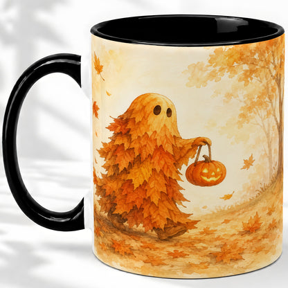 #pl[11oz|Black] Autumn Leaf Ghost Ceramic Mug, Pumpkin Halloween Art for Fall Fans
