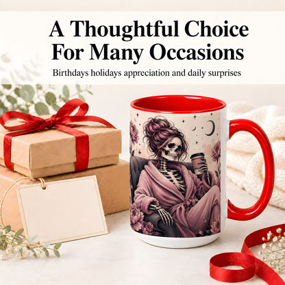 #pl[15oz|Red] Pink Skeleton Coffee Ceramic Mug, Gothic Floral Art for Coffee Fans