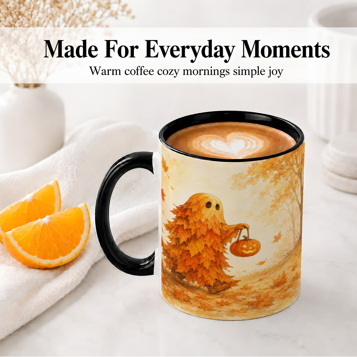 #pl[11oz|Black] Autumn Leaf Ghost Ceramic Mug, Pumpkin Halloween Art for Fall Fans