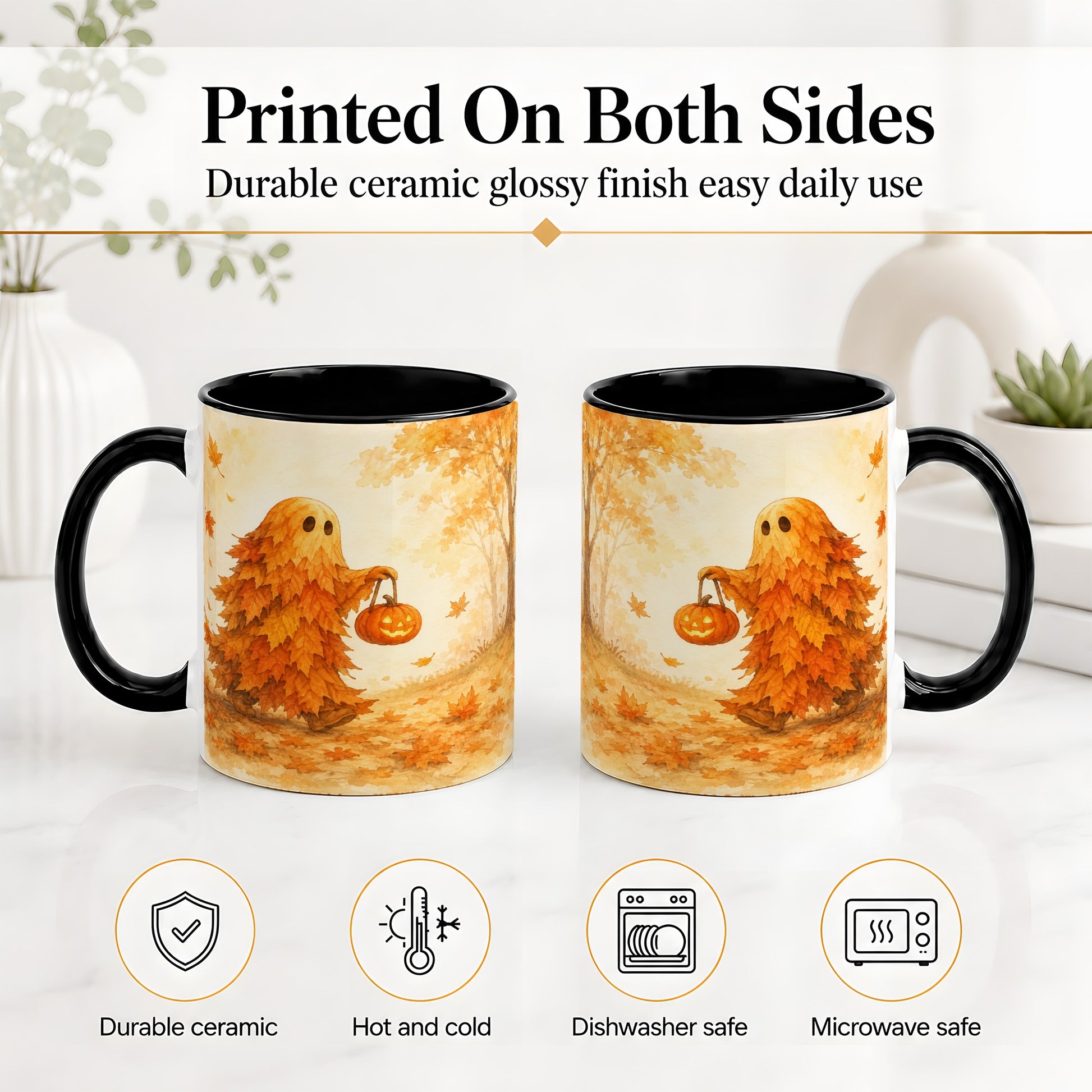 #pl[11oz|Black] Autumn Leaf Ghost Ceramic Mug, Pumpkin Halloween Art for Fall Fans