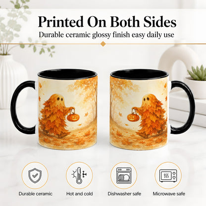 #pl[11oz|Black] Autumn Leaf Ghost Ceramic Mug, Pumpkin Halloween Art for Fall Fans