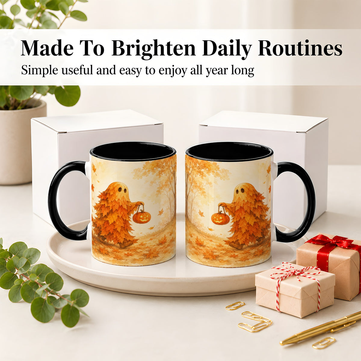 #pl[11oz|Black] Autumn Leaf Ghost Ceramic Mug, Pumpkin Halloween Art for Fall Fans