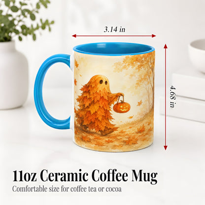 #pl[11oz|Blue] Autumn Leaf Ghost Ceramic Mug, Pumpkin Halloween Art for Fall Fans