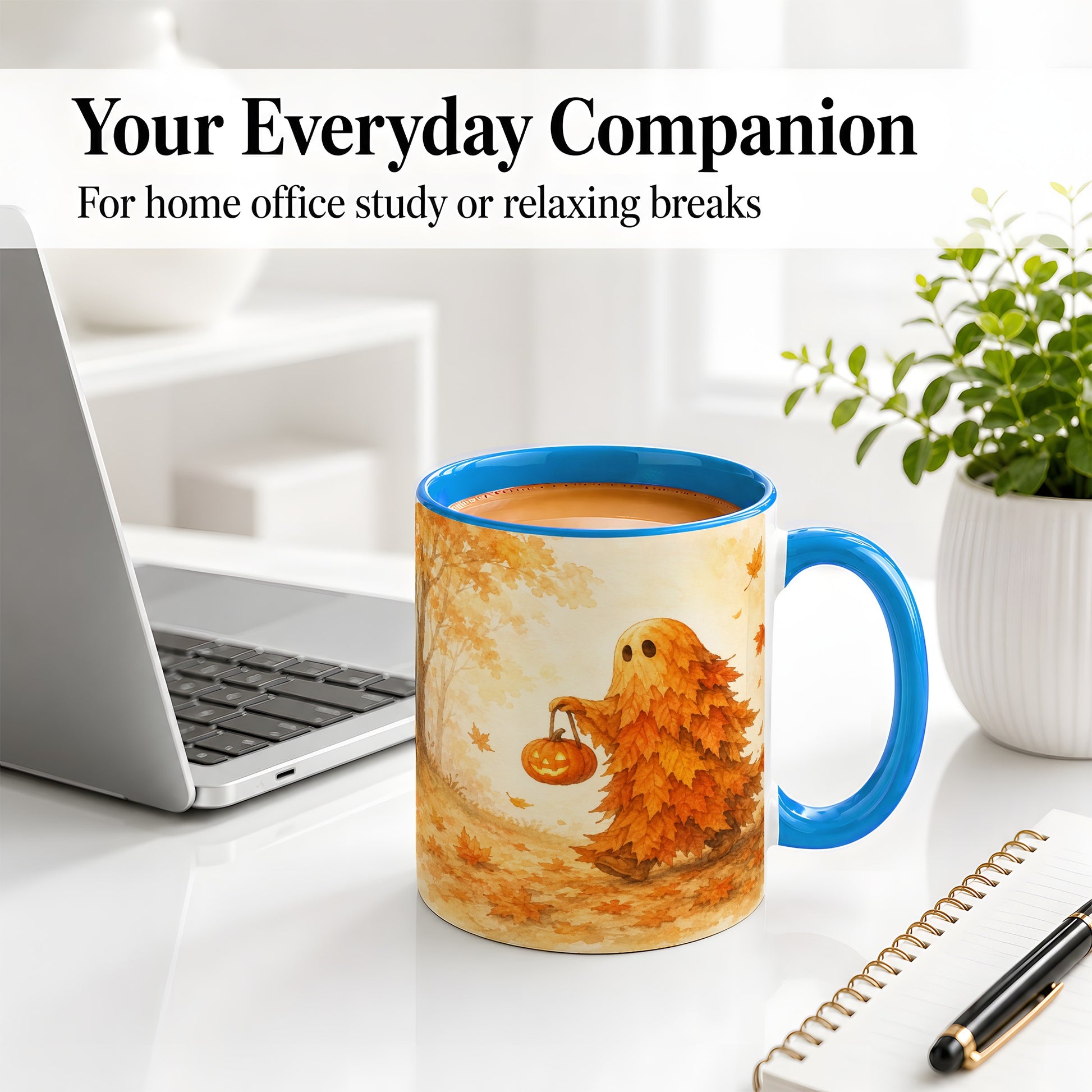 #pl[11oz|Blue] Autumn Leaf Ghost Ceramic Mug, Pumpkin Halloween Art for Fall Fans