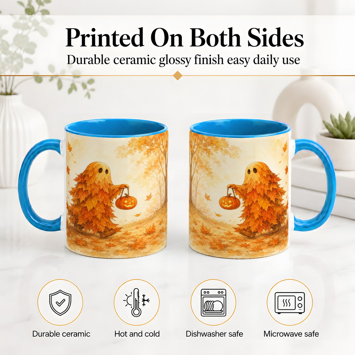 #pl[11oz|Blue] Autumn Leaf Ghost Ceramic Mug, Pumpkin Halloween Art for Fall Fans