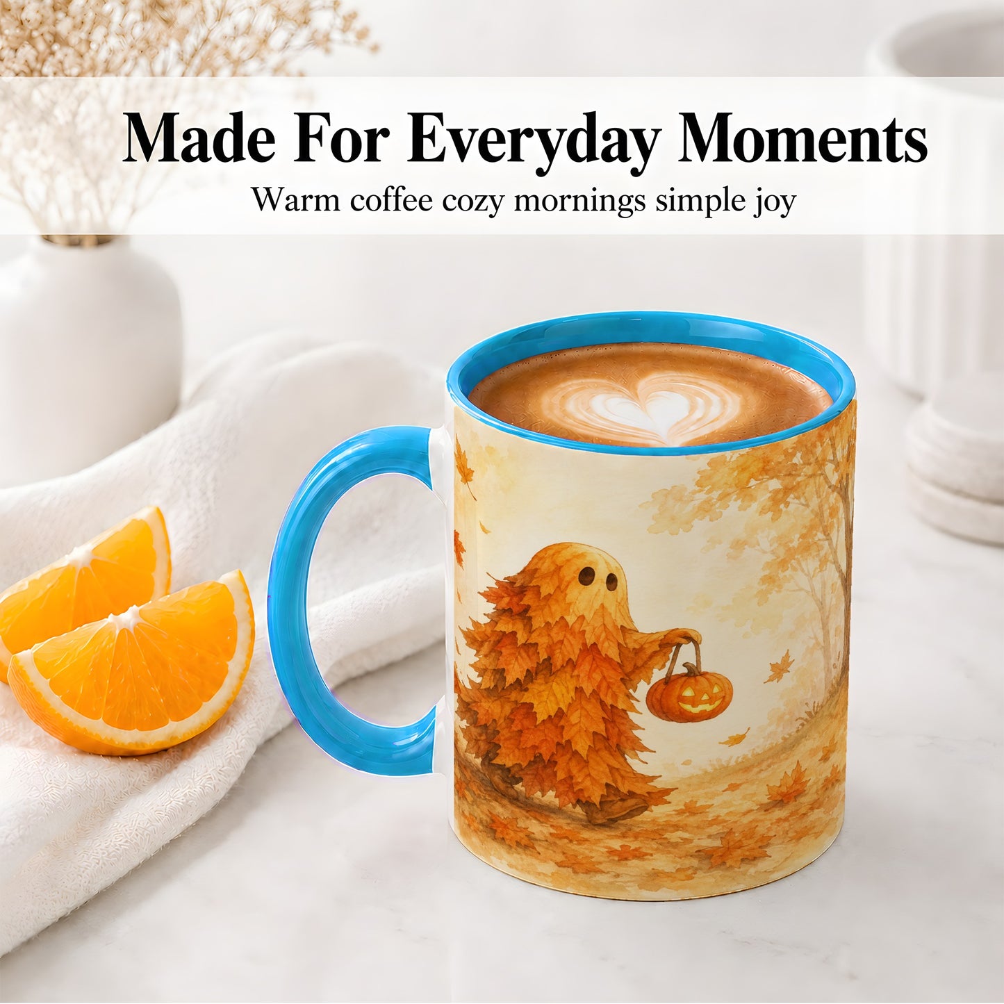 #pl[11oz|Blue] Autumn Leaf Ghost Ceramic Mug, Pumpkin Halloween Art for Fall Fans