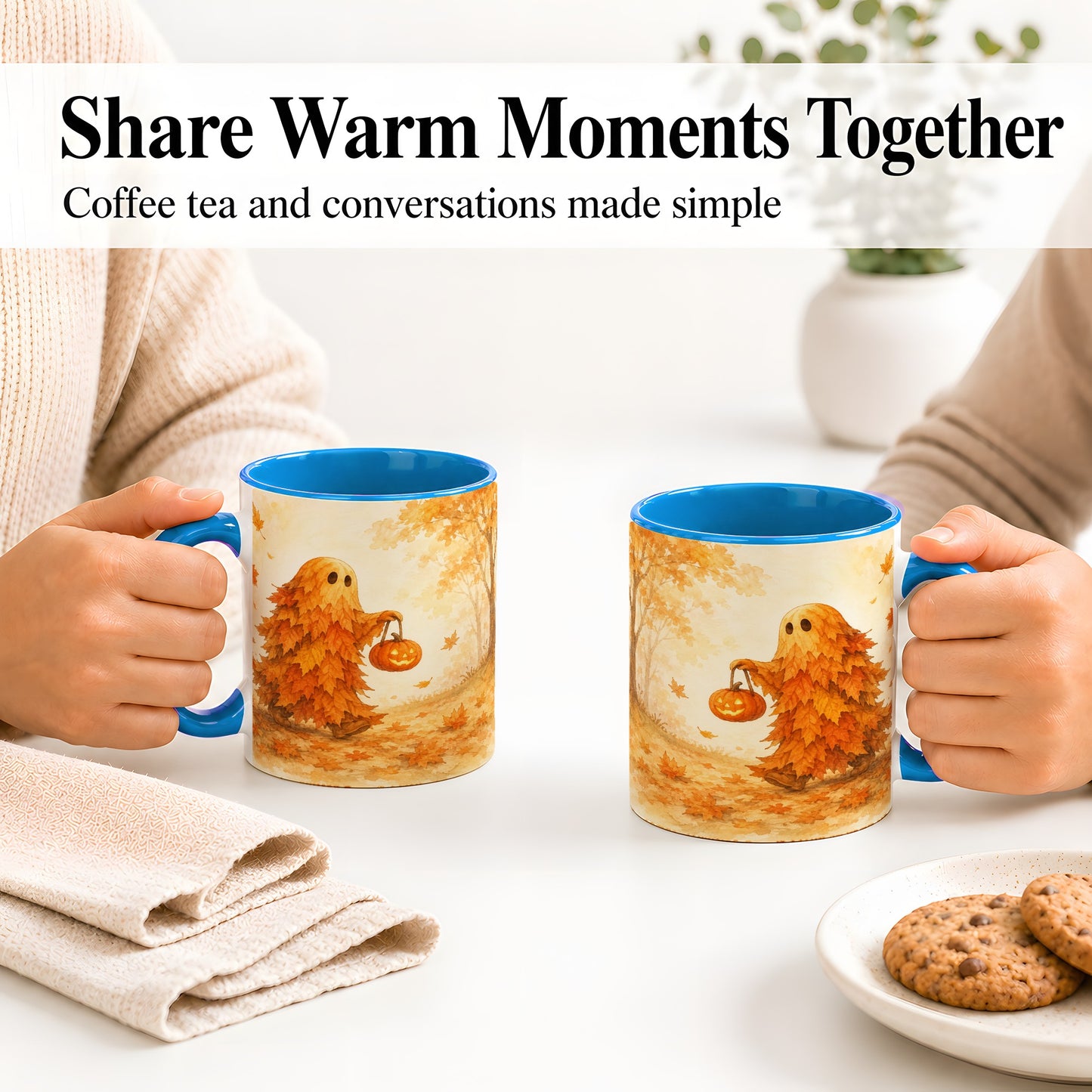 #pl[11oz|Blue] Autumn Leaf Ghost Ceramic Mug, Pumpkin Halloween Art for Fall Fans