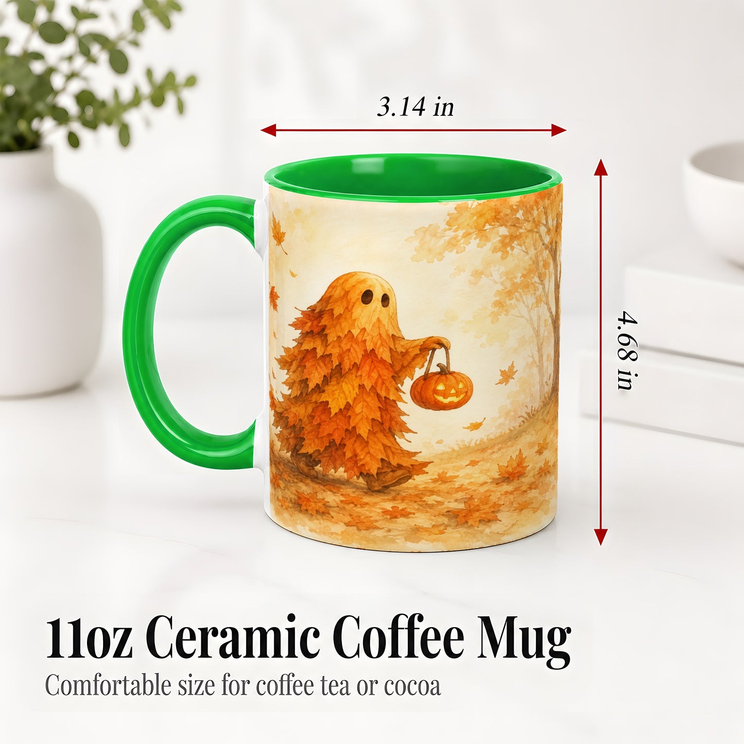 #pl[11oz|Green] Autumn Leaf Ghost Ceramic Mug, Pumpkin Halloween Art for Fall Fans
