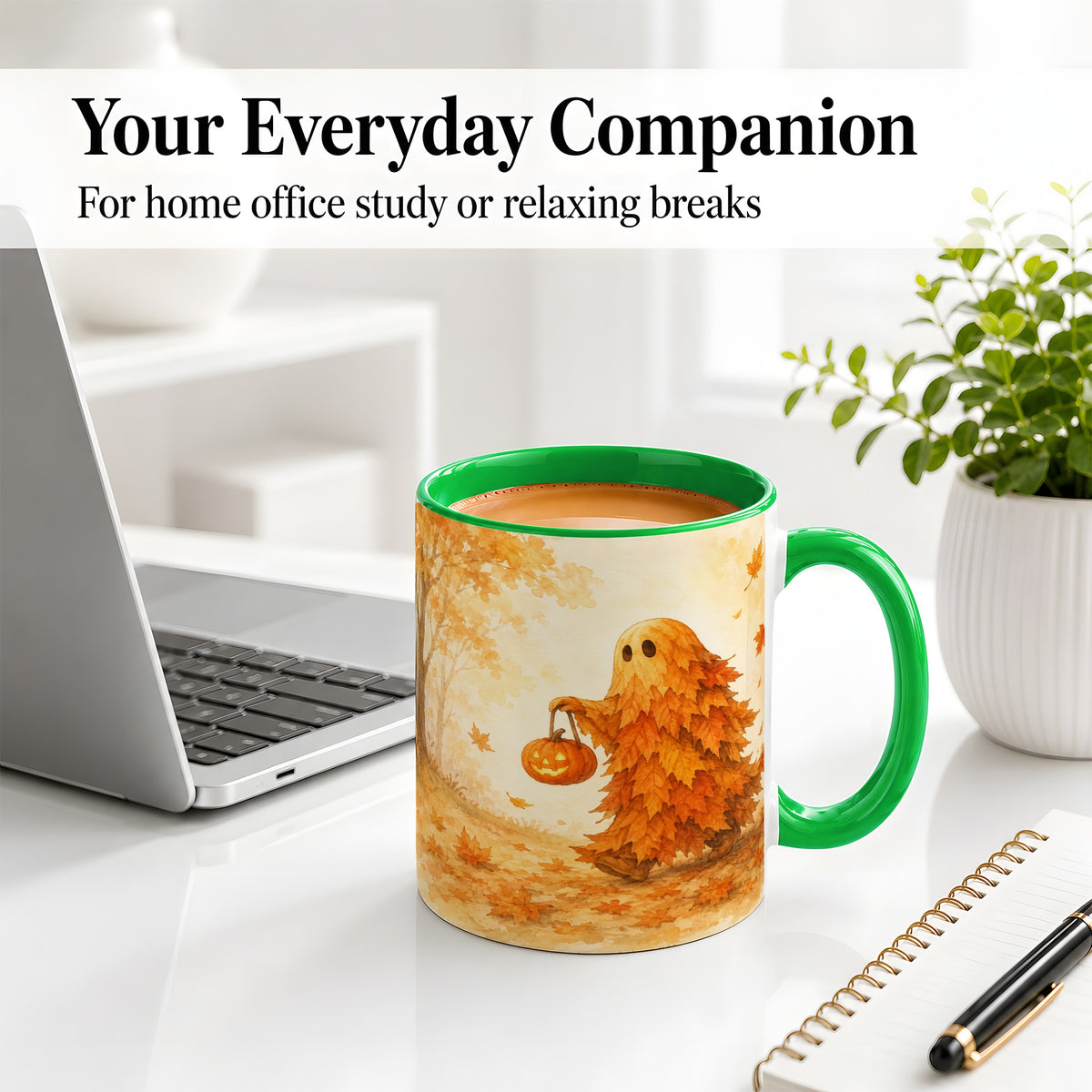 #pl[11oz|Green] Autumn Leaf Ghost Ceramic Mug, Pumpkin Halloween Art for Fall Fans
