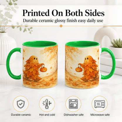 #pl[11oz|Green] Autumn Leaf Ghost Ceramic Mug, Pumpkin Halloween Art for Fall Fans