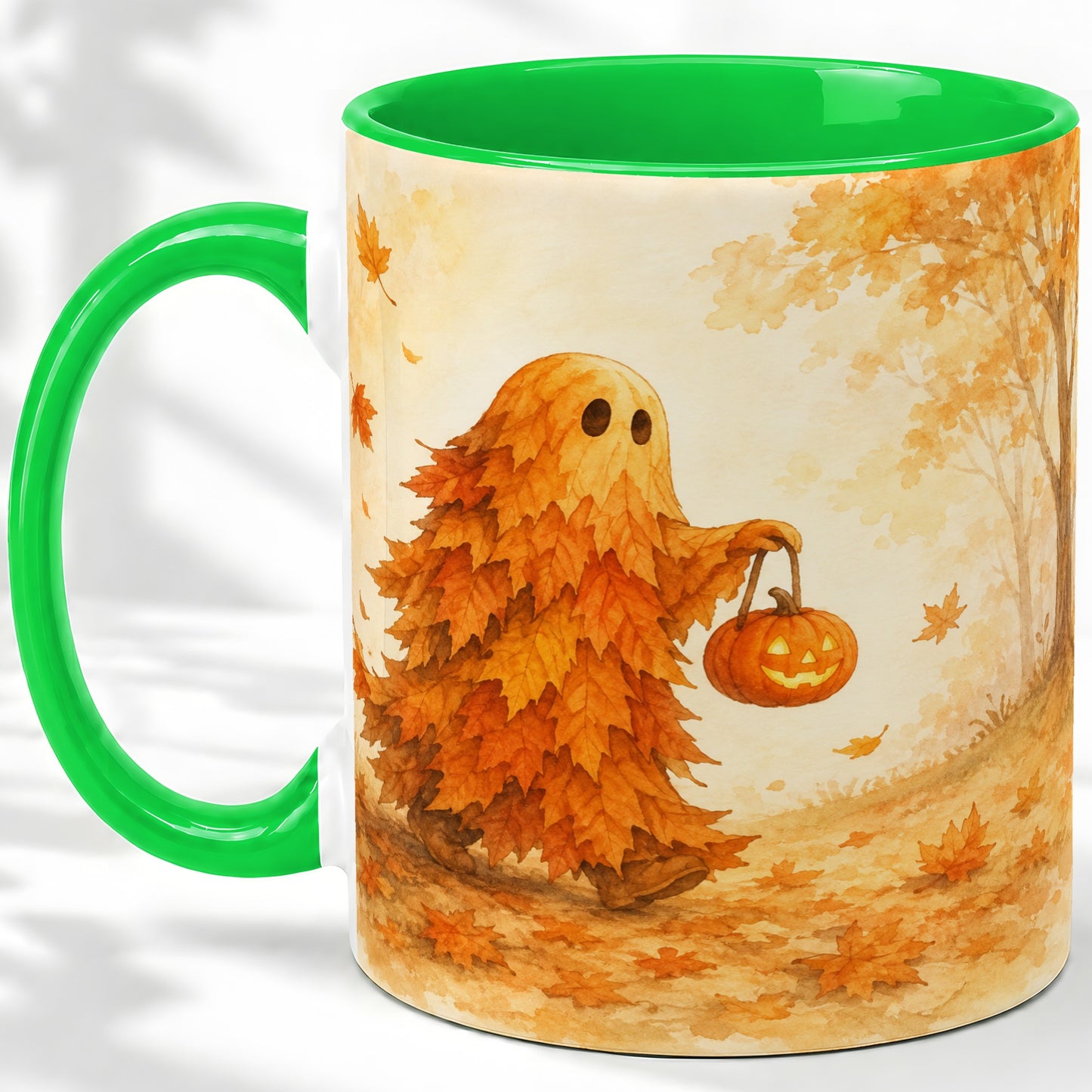 #pl[11oz|Green] Autumn Leaf Ghost Ceramic Mug, Pumpkin Halloween Art for Fall Fans