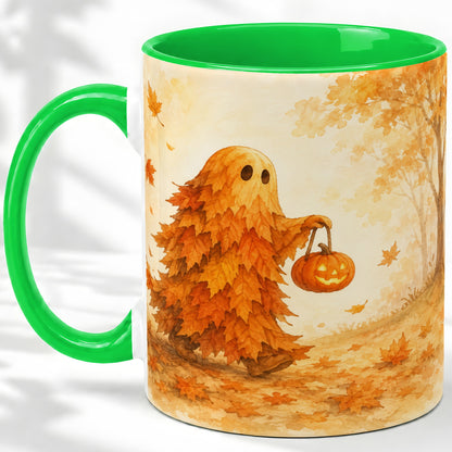 #pl[11oz|Green] Autumn Leaf Ghost Ceramic Mug, Pumpkin Halloween Art for Fall Fans
