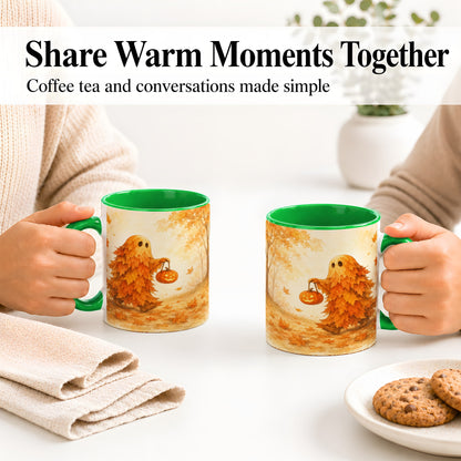 #pl[11oz|Green] Autumn Leaf Ghost Ceramic Mug, Pumpkin Halloween Art for Fall Fans