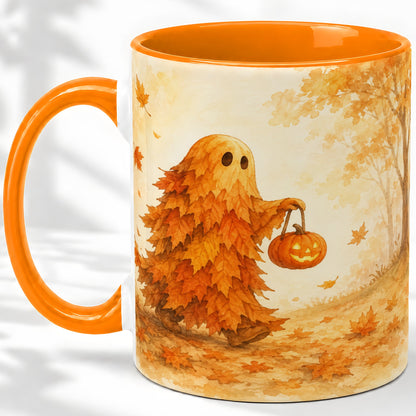 #pl[11oz|Orange] Autumn Leaf Ghost Ceramic Mug, Pumpkin Halloween Art for Fall Fans