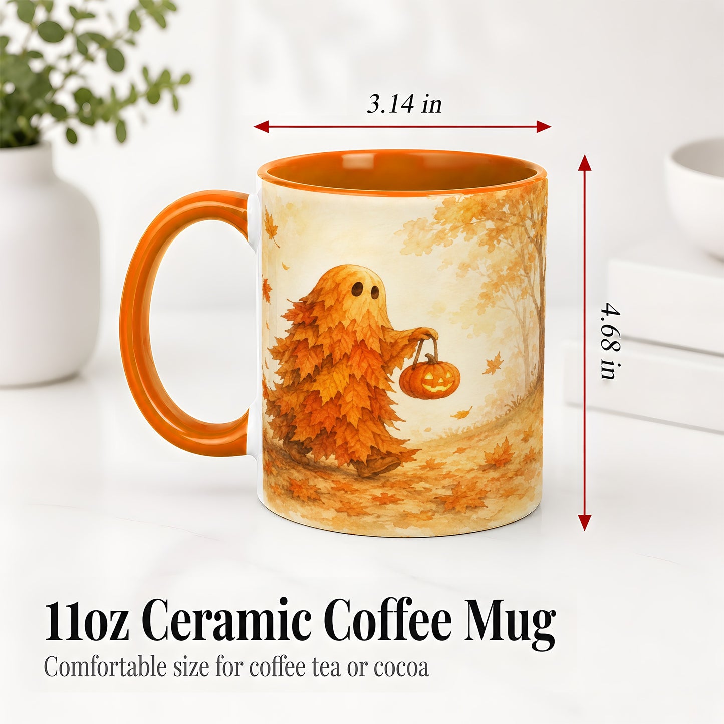 #pl[11oz|Orange] Autumn Leaf Ghost Ceramic Mug, Pumpkin Halloween Art for Fall Fans