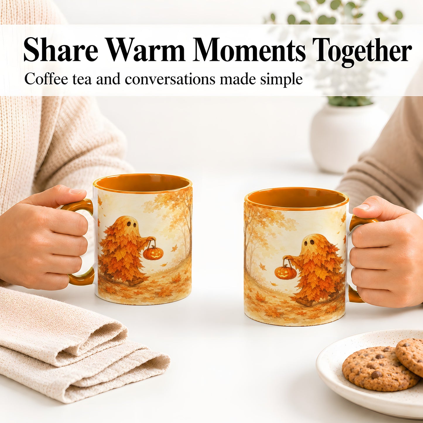 #pl[11oz|Orange] Autumn Leaf Ghost Ceramic Mug, Pumpkin Halloween Art for Fall Fans