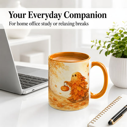 #pl[11oz|Orange] Autumn Leaf Ghost Ceramic Mug, Pumpkin Halloween Art for Fall Fans
