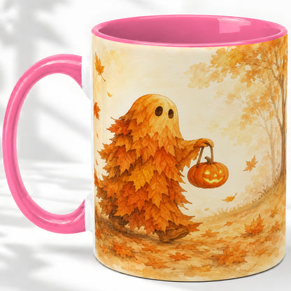 #pl[11oz|Pink] Autumn Leaf Ghost Ceramic Mug, Pumpkin Halloween Art for Fall Fans