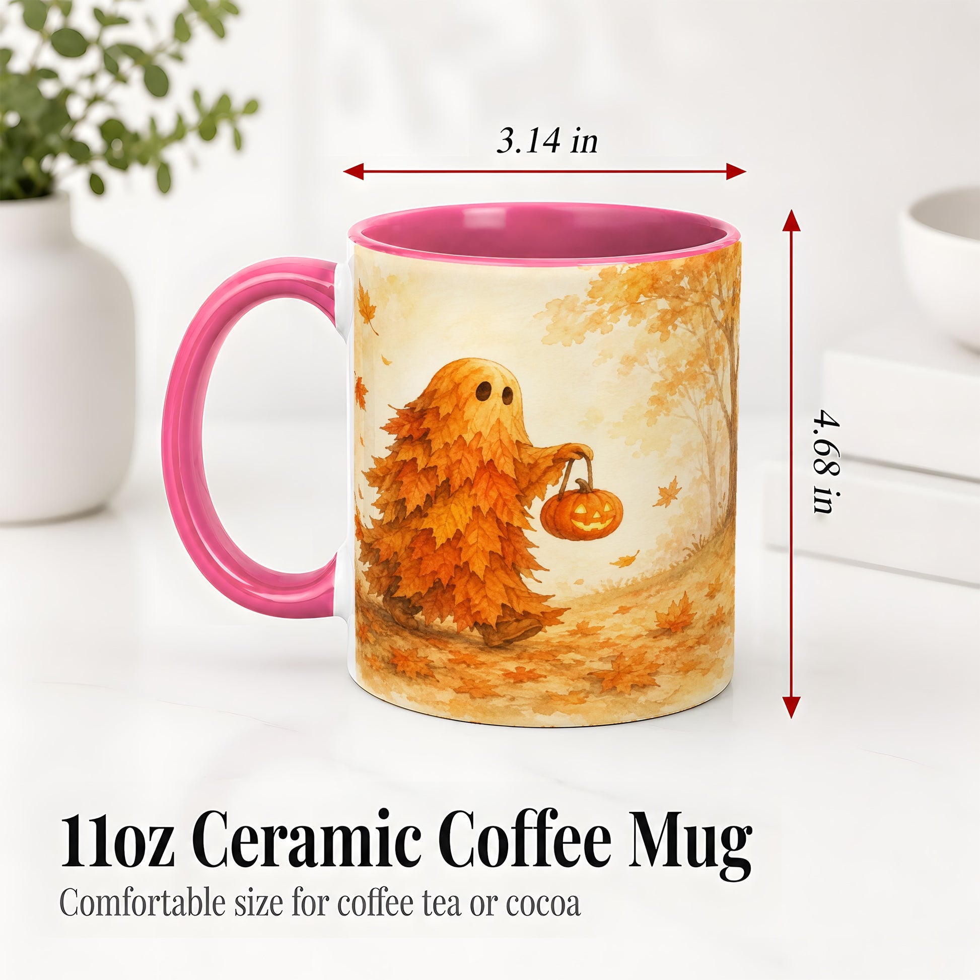 #pl[11oz|Pink] Autumn Leaf Ghost Ceramic Mug, Pumpkin Halloween Art for Fall Fans