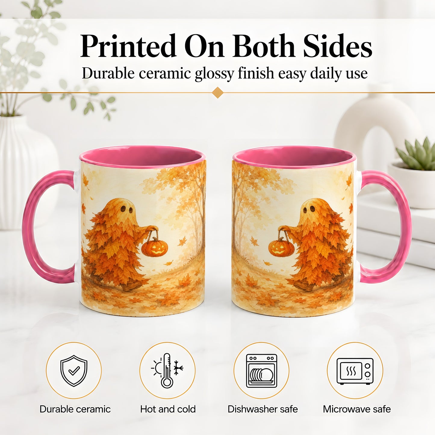 #pl[11oz|Pink] Autumn Leaf Ghost Ceramic Mug, Pumpkin Halloween Art for Fall Fans
