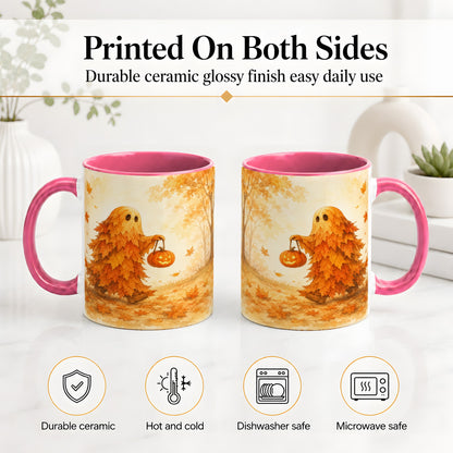 #pl[11oz|Pink] Autumn Leaf Ghost Ceramic Mug, Pumpkin Halloween Art for Fall Fans