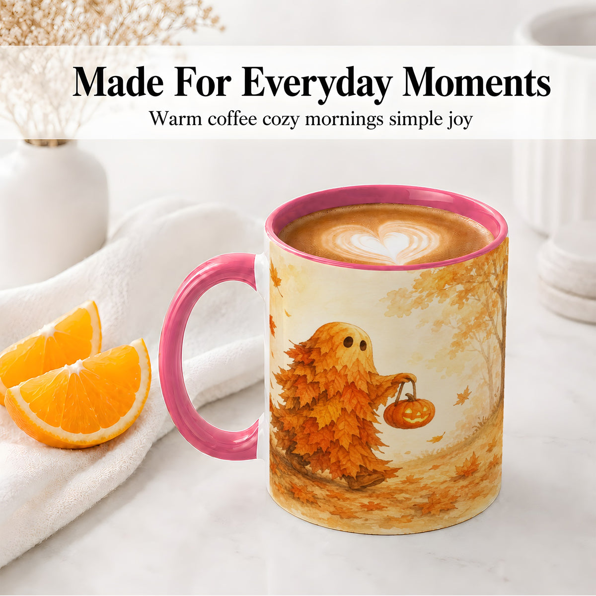#pl[11oz|Pink] Autumn Leaf Ghost Ceramic Mug, Pumpkin Halloween Art for Fall Fans