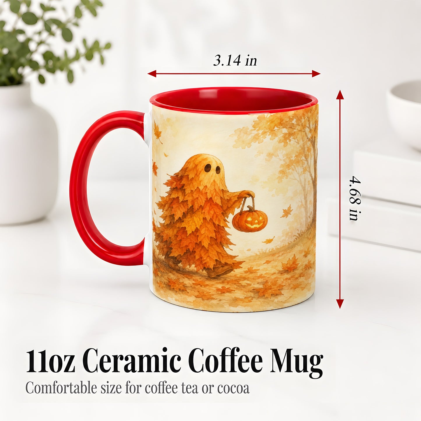 #pl[11oz|Red] Autumn Leaf Ghost Ceramic Mug, Pumpkin Halloween Art for Fall Fans