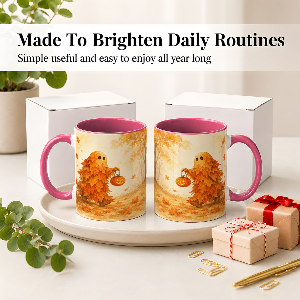 #pl[11oz|Pink] Autumn Leaf Ghost Ceramic Mug, Pumpkin Halloween Art for Fall Fans