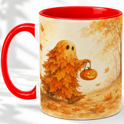 Autumn Leaf Ghost Ceramic Mug, Pumpkin Halloween Art for Fall Fans
