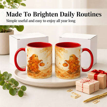 #pl[11oz|Red] Autumn Leaf Ghost Ceramic Mug, Pumpkin Halloween Art for Fall Fans