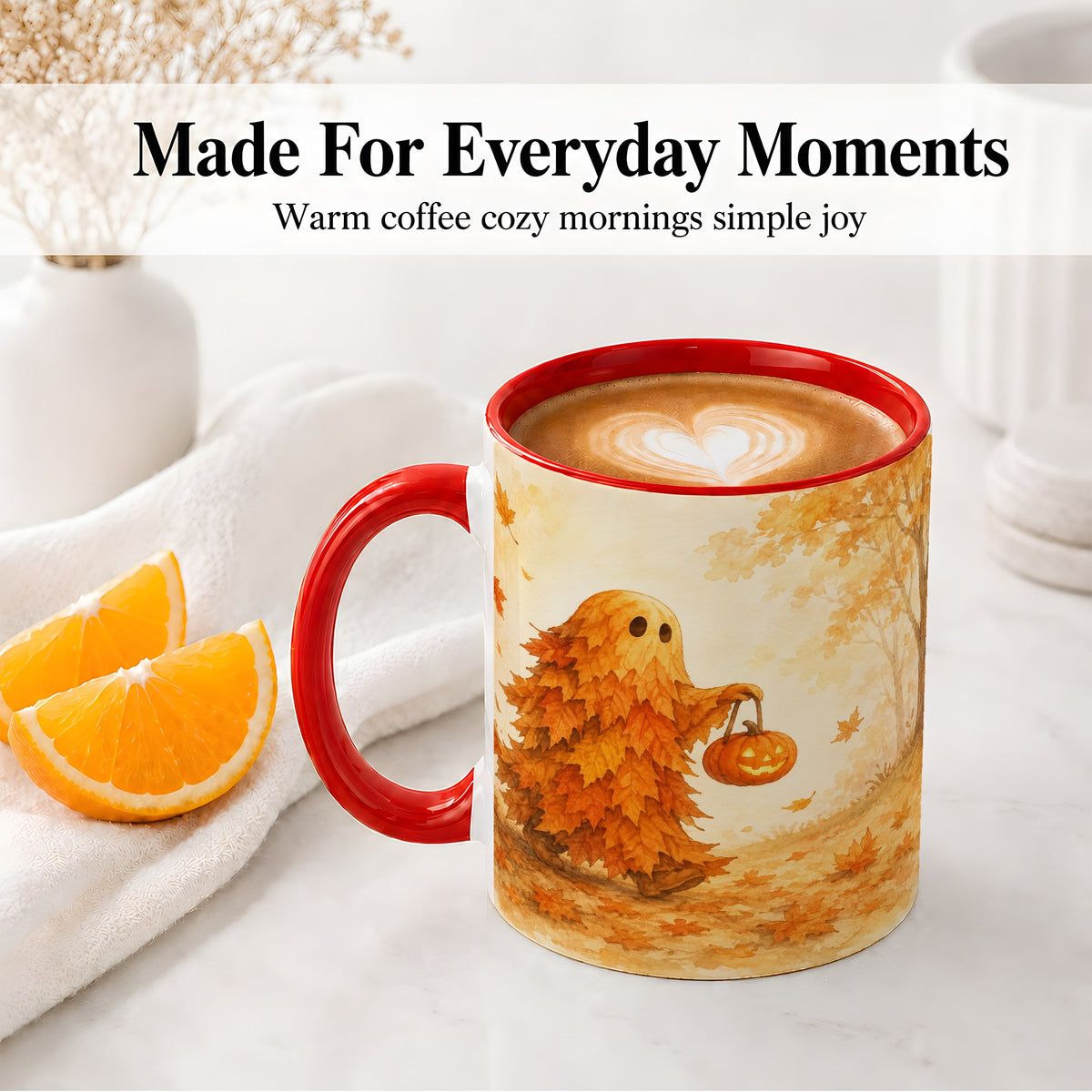 #pl[11oz|Red] Autumn Leaf Ghost Ceramic Mug, Pumpkin Halloween Art for Fall Fans