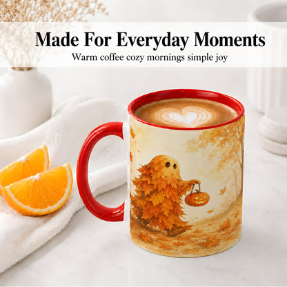 #pl[11oz|Red] Autumn Leaf Ghost Ceramic Mug, Pumpkin Halloween Art for Fall Fans