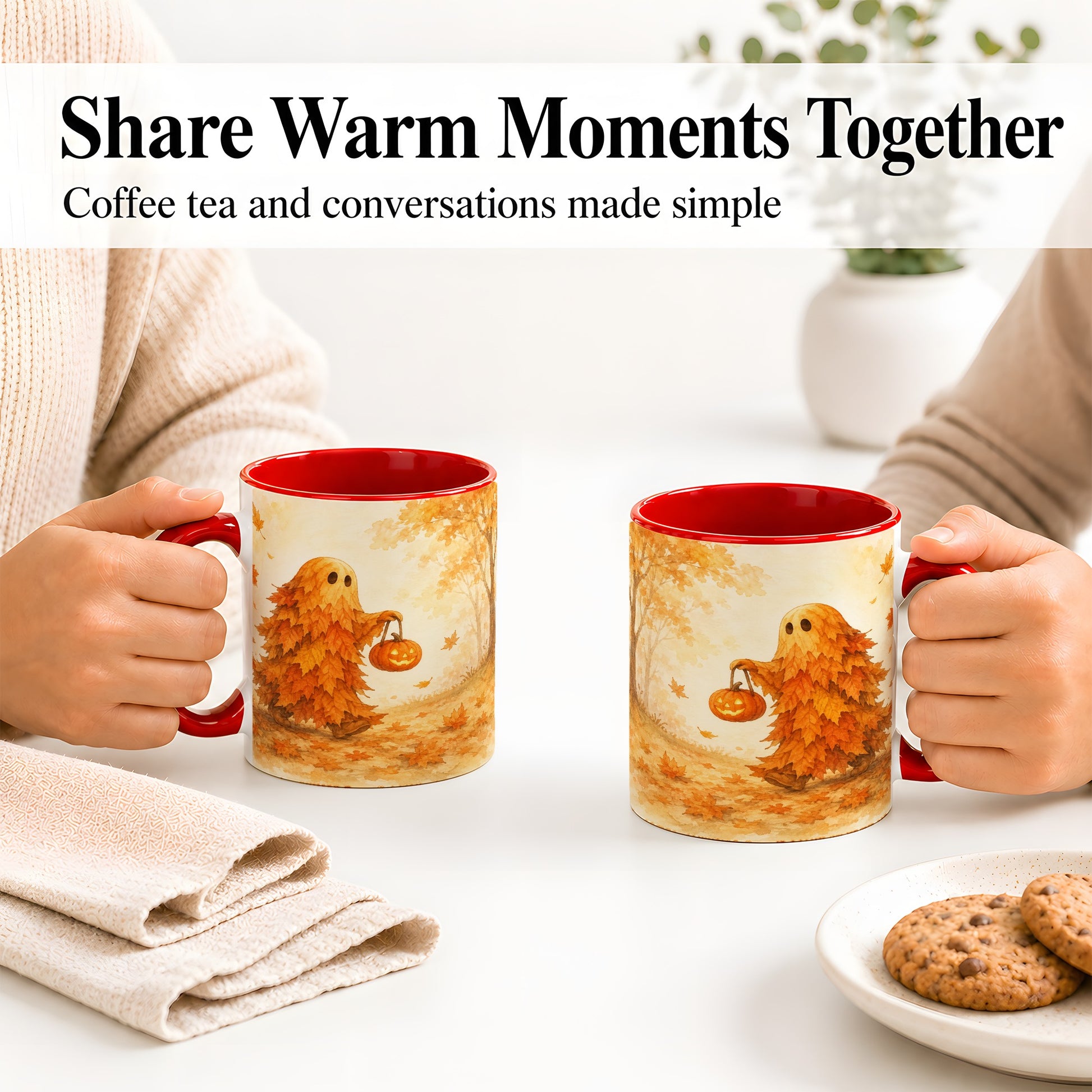 #pl[11oz|Red] Autumn Leaf Ghost Ceramic Mug, Pumpkin Halloween Art for Fall Fans