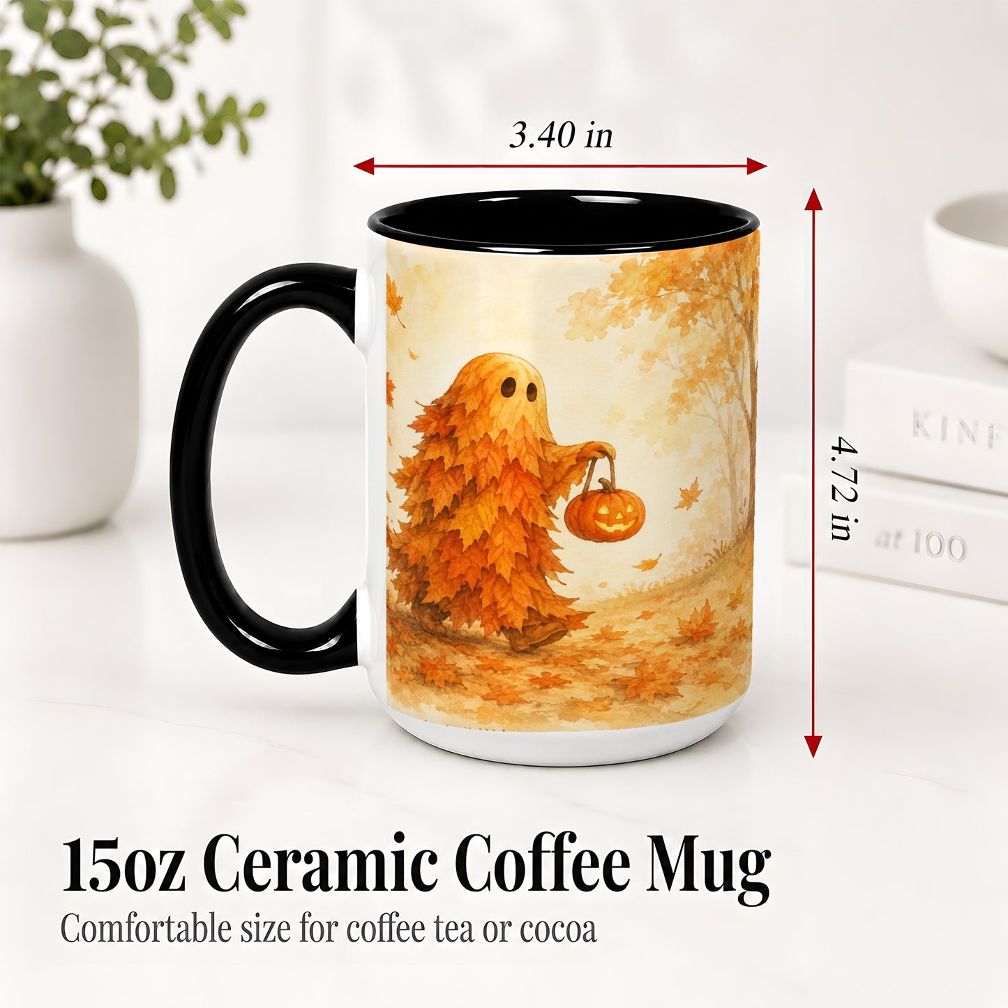 #pl[15oz|Black] Autumn Leaf Ghost Ceramic Mug, Pumpkin Halloween Art for Fall Fans