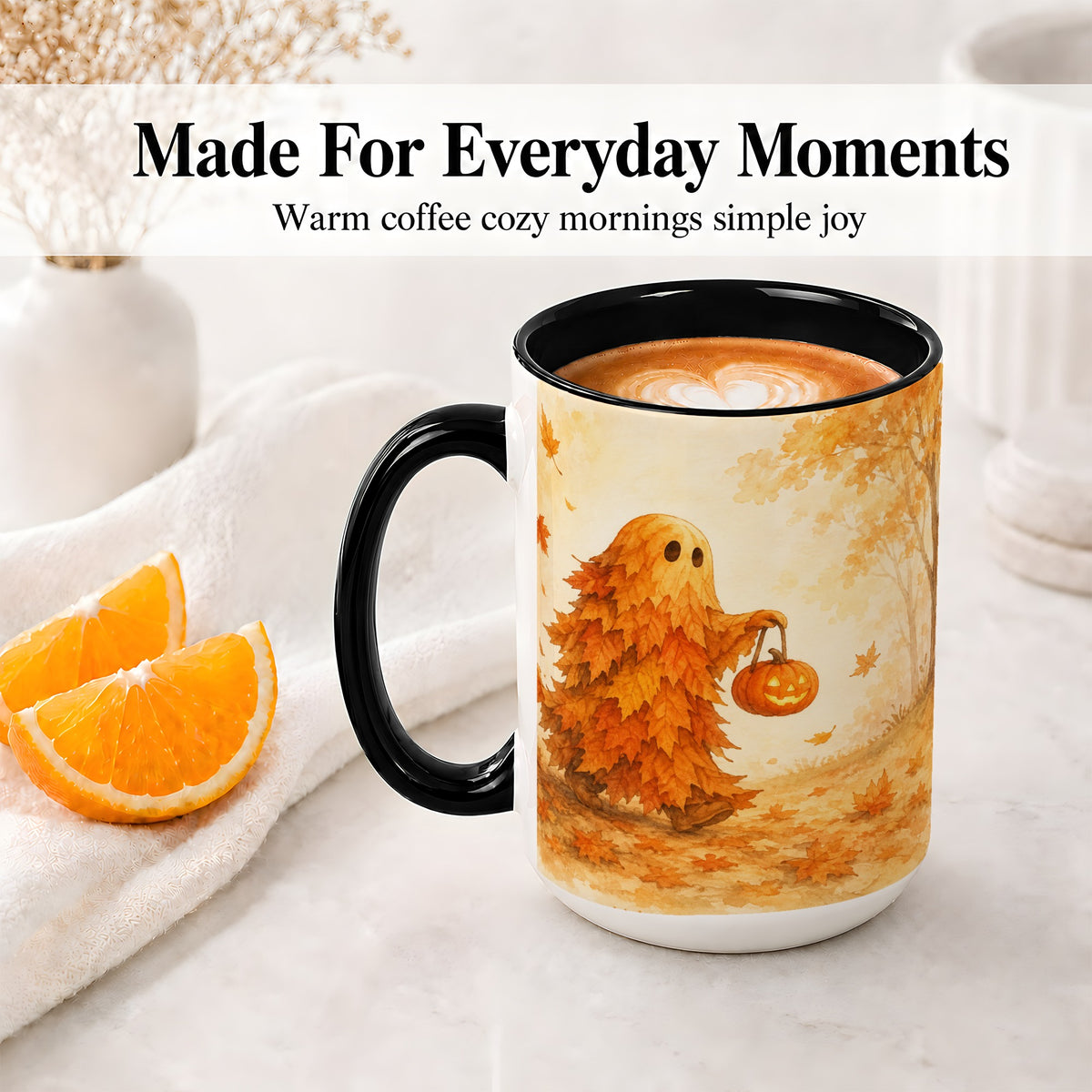#pl[15oz|Black] Autumn Leaf Ghost Ceramic Mug, Pumpkin Halloween Art for Fall Fans