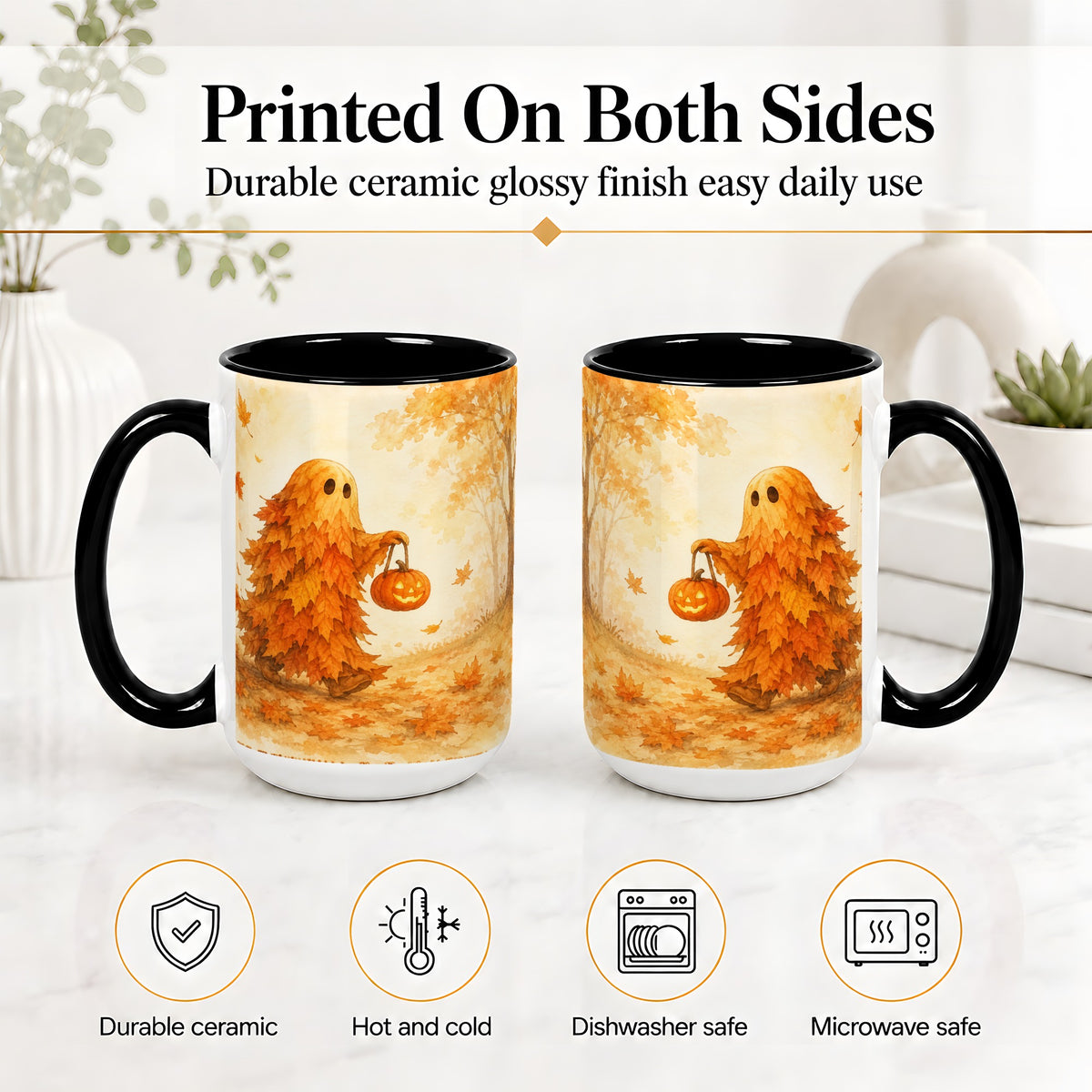 #pl[15oz|Black] Autumn Leaf Ghost Ceramic Mug, Pumpkin Halloween Art for Fall Fans