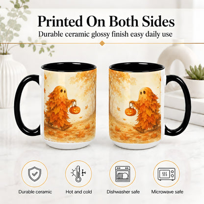 #pl[15oz|Black] Autumn Leaf Ghost Ceramic Mug, Pumpkin Halloween Art for Fall Fans