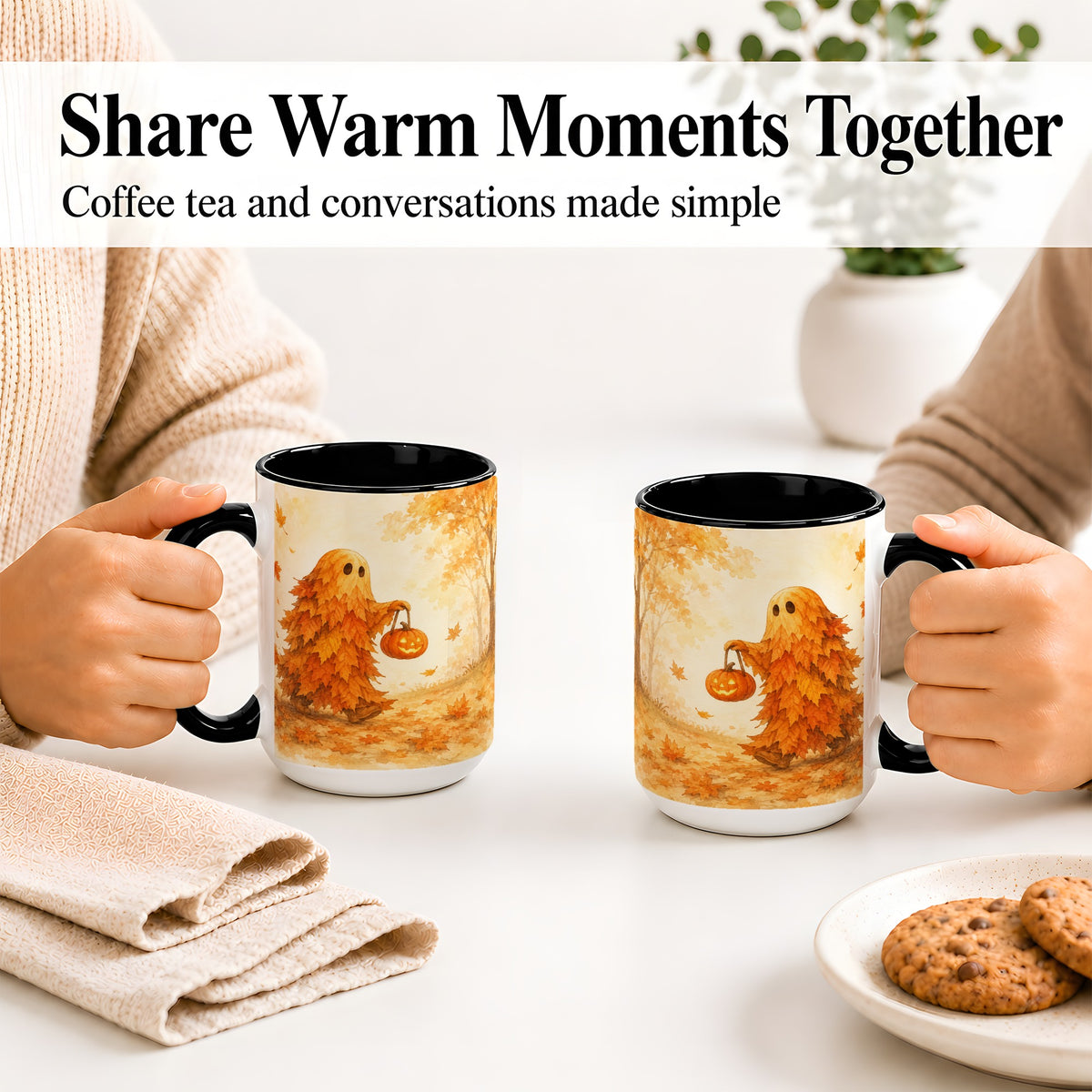 #pl[15oz|Black] Autumn Leaf Ghost Ceramic Mug, Pumpkin Halloween Art for Fall Fans