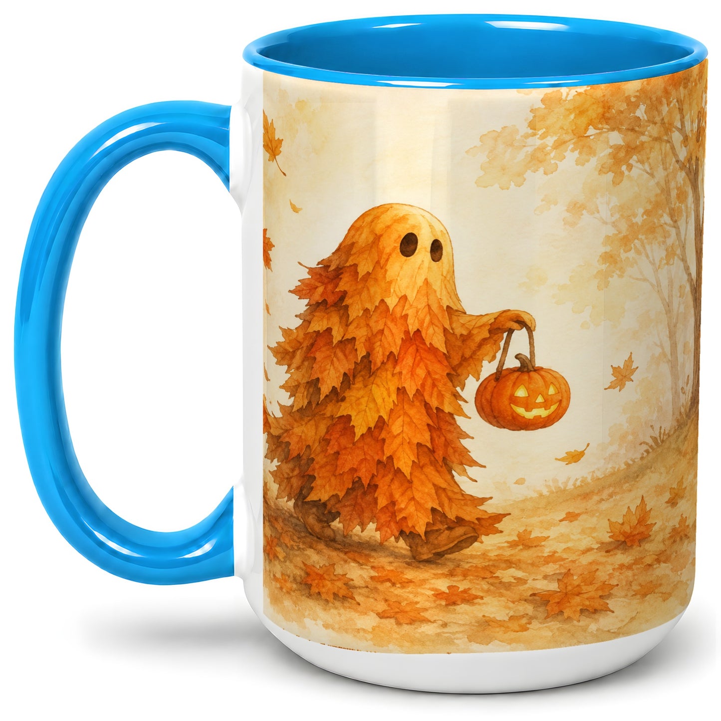 #pl[15oz|Blue] Autumn Leaf Ghost Ceramic Mug, Pumpkin Halloween Art for Fall Fans