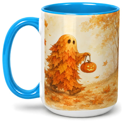 #pl[15oz|Blue] Autumn Leaf Ghost Ceramic Mug, Pumpkin Halloween Art for Fall Fans