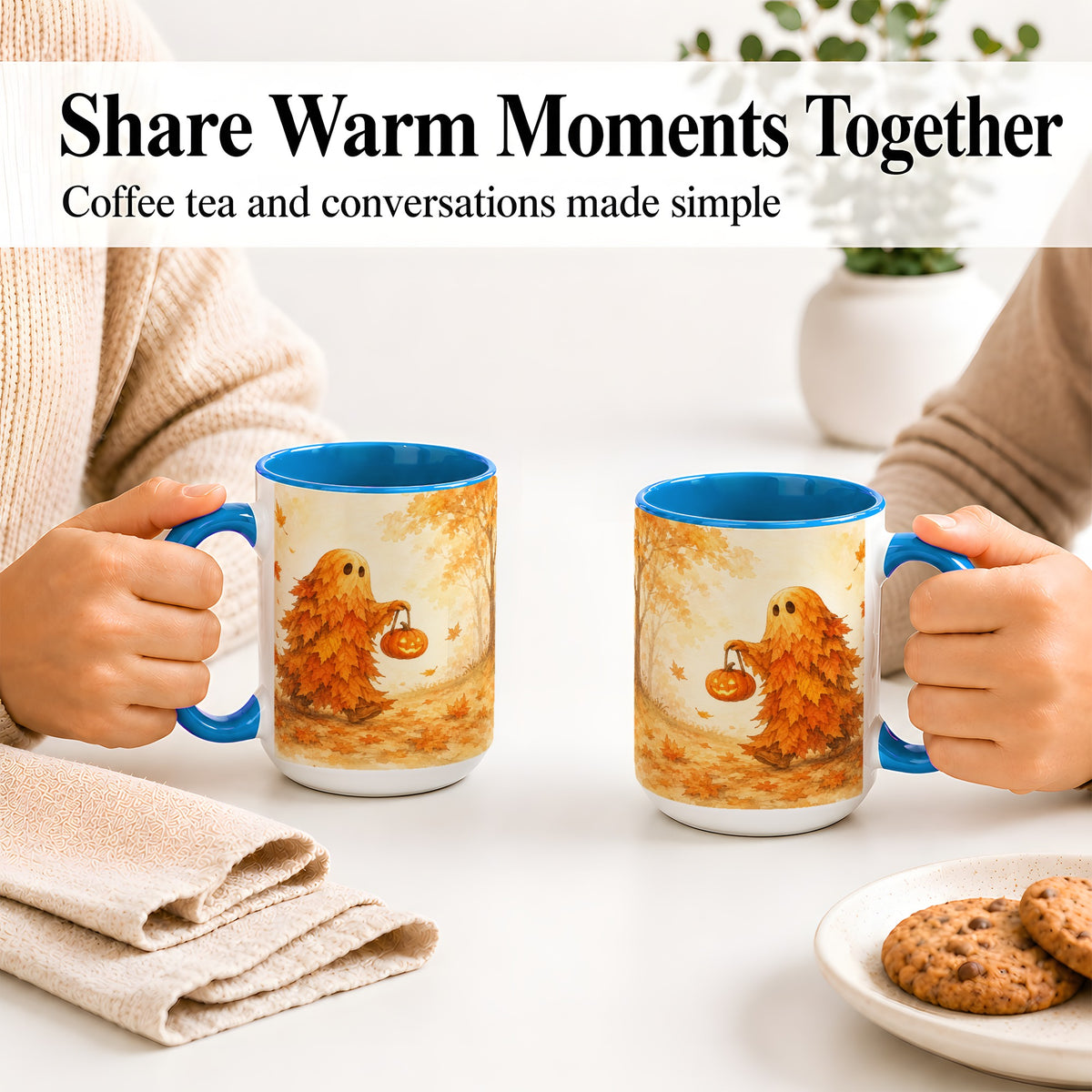 #pl[15oz|Blue] Autumn Leaf Ghost Ceramic Mug, Pumpkin Halloween Art for Fall Fans