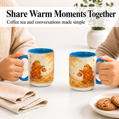 #pl[15oz|Blue] Autumn Leaf Ghost Ceramic Mug, Pumpkin Halloween Art for Fall Fans