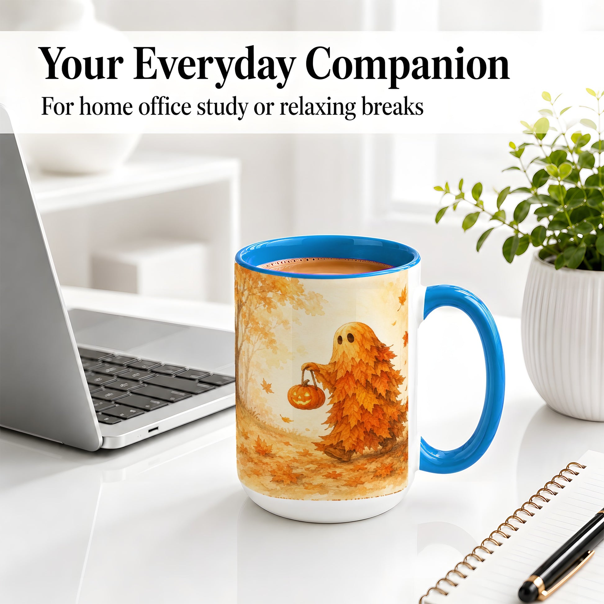 #pl[15oz|Blue] Autumn Leaf Ghost Ceramic Mug, Pumpkin Halloween Art for Fall Fans
