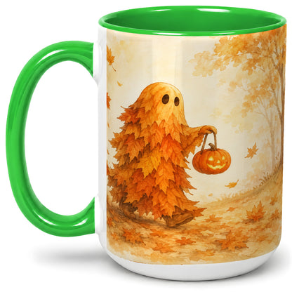#pl[15oz|Green] Autumn Leaf Ghost Ceramic Mug, Pumpkin Halloween Art for Fall Fans