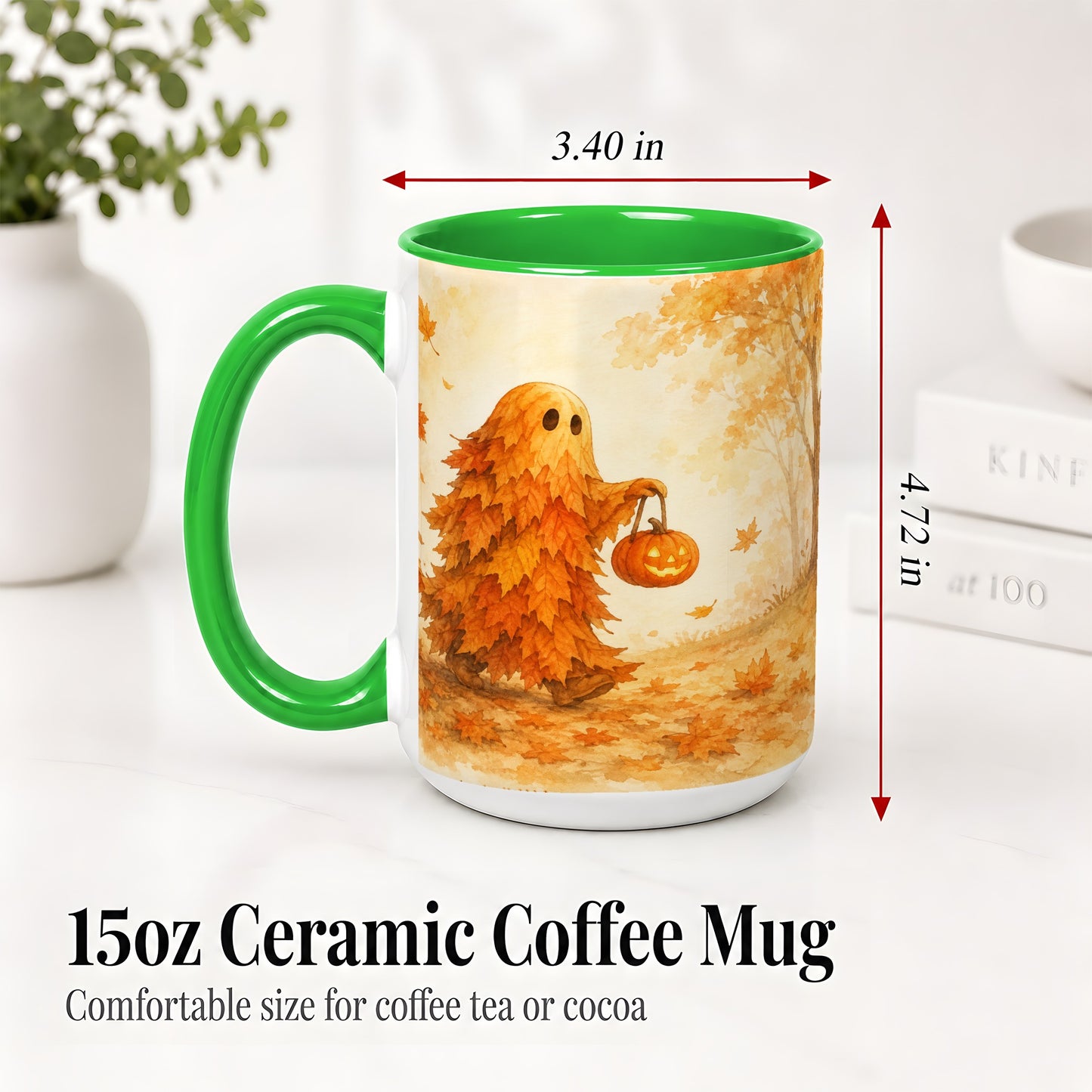 #pl[15oz|Green] Autumn Leaf Ghost Ceramic Mug, Pumpkin Halloween Art for Fall Fans