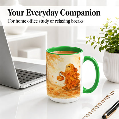 #pl[15oz|Green] Autumn Leaf Ghost Ceramic Mug, Pumpkin Halloween Art for Fall Fans