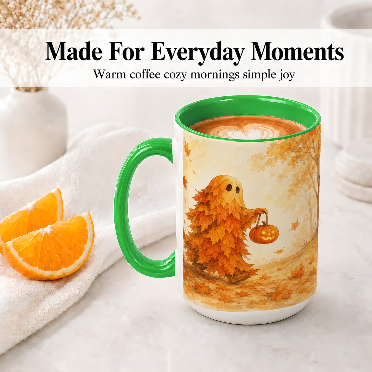 #pl[15oz|Green] Autumn Leaf Ghost Ceramic Mug, Pumpkin Halloween Art for Fall Fans