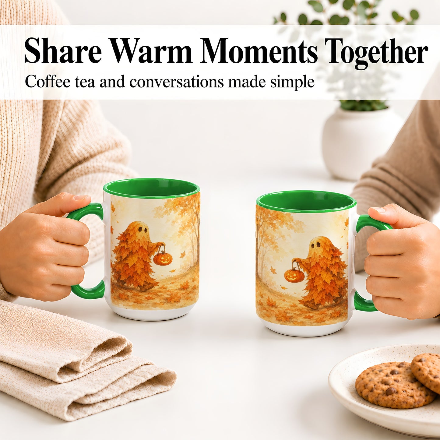 #pl[15oz|Green] Autumn Leaf Ghost Ceramic Mug, Pumpkin Halloween Art for Fall Fans