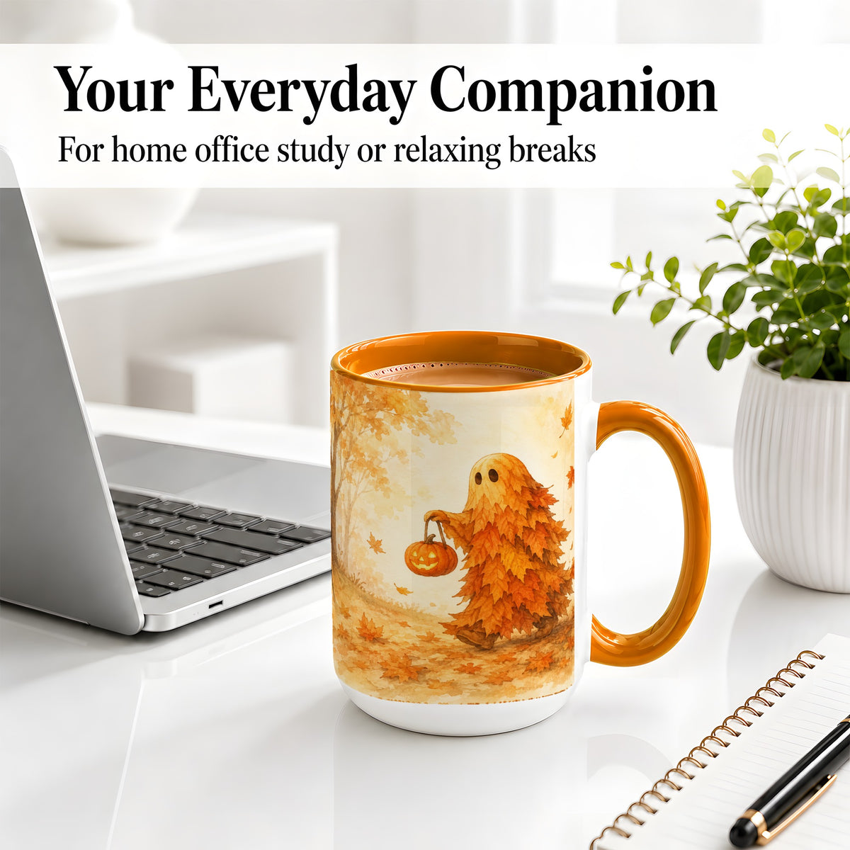 #pl[15oz|Orange] Autumn Leaf Ghost Ceramic Mug, Pumpkin Halloween Art for Fall Fans