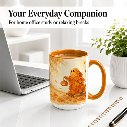 #pl[15oz|Orange] Autumn Leaf Ghost Ceramic Mug, Pumpkin Halloween Art for Fall Fans